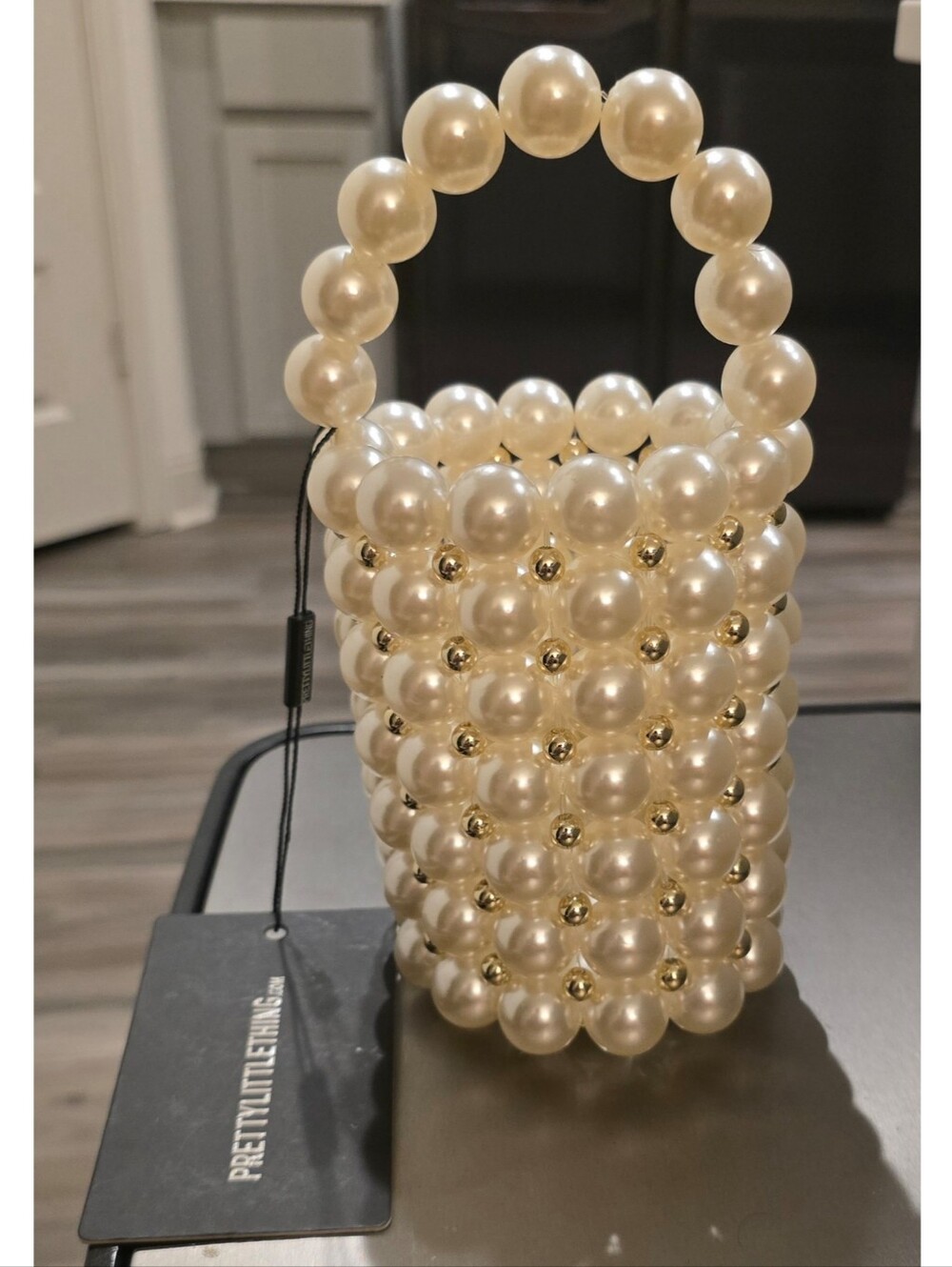 PrettyLittleThing Pearl Beaded Mini Handbag Ivory Top Handle Evening Bag